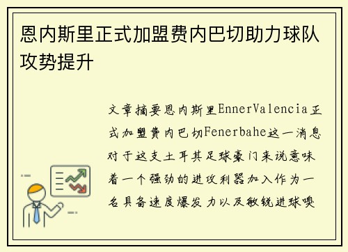 恩内斯里正式加盟费内巴切助力球队攻势提升