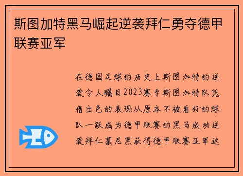 斯图加特黑马崛起逆袭拜仁勇夺德甲联赛亚军