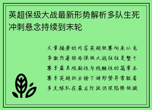 英超保级大战最新形势解析多队生死冲刺悬念持续到末轮 英超保级大战最新形势解析多队生死冲刺悬念持续到末轮